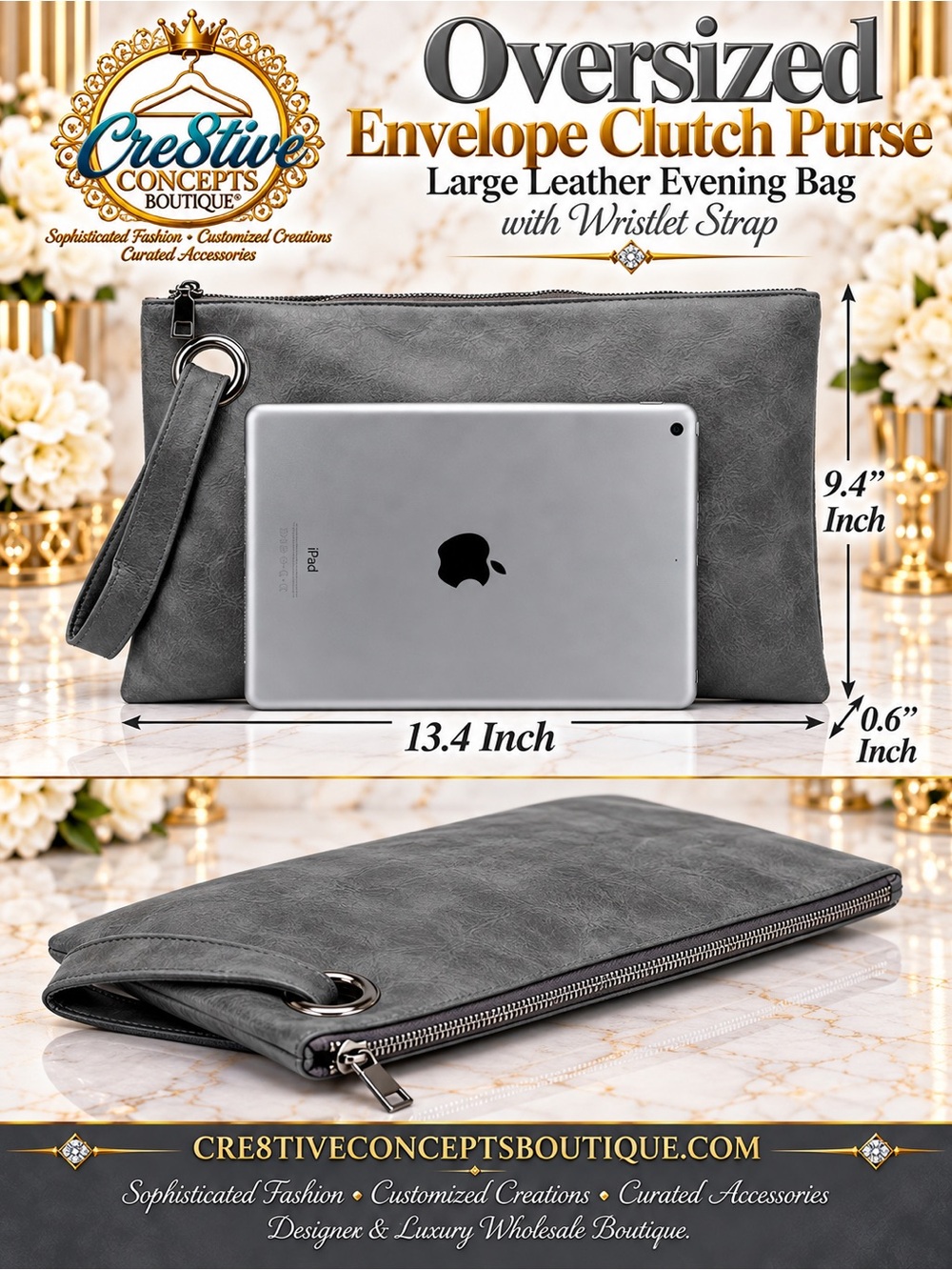 Oversized Envelope Clutch Purse Leather Evening Bag with Wristlet Strap